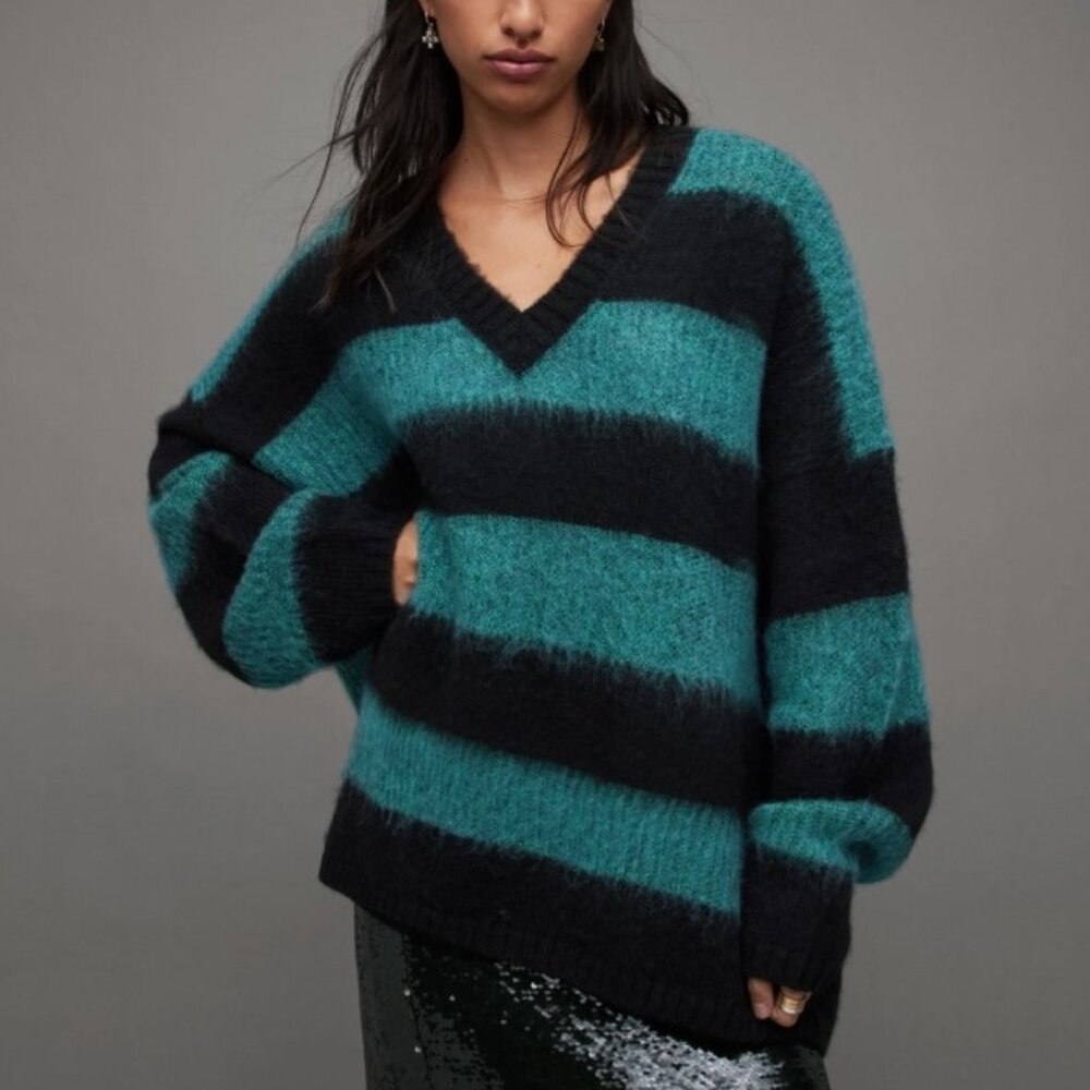 NEW AllSaints Lou Sparkle V neck knitted sweater with stripes